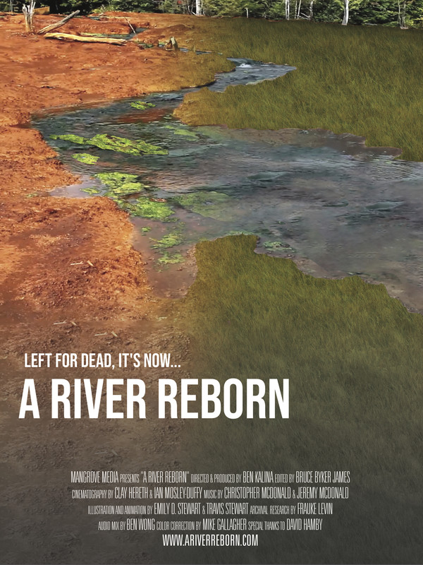 "A River Reborn" movie poster showing acid mine drainage polluting river