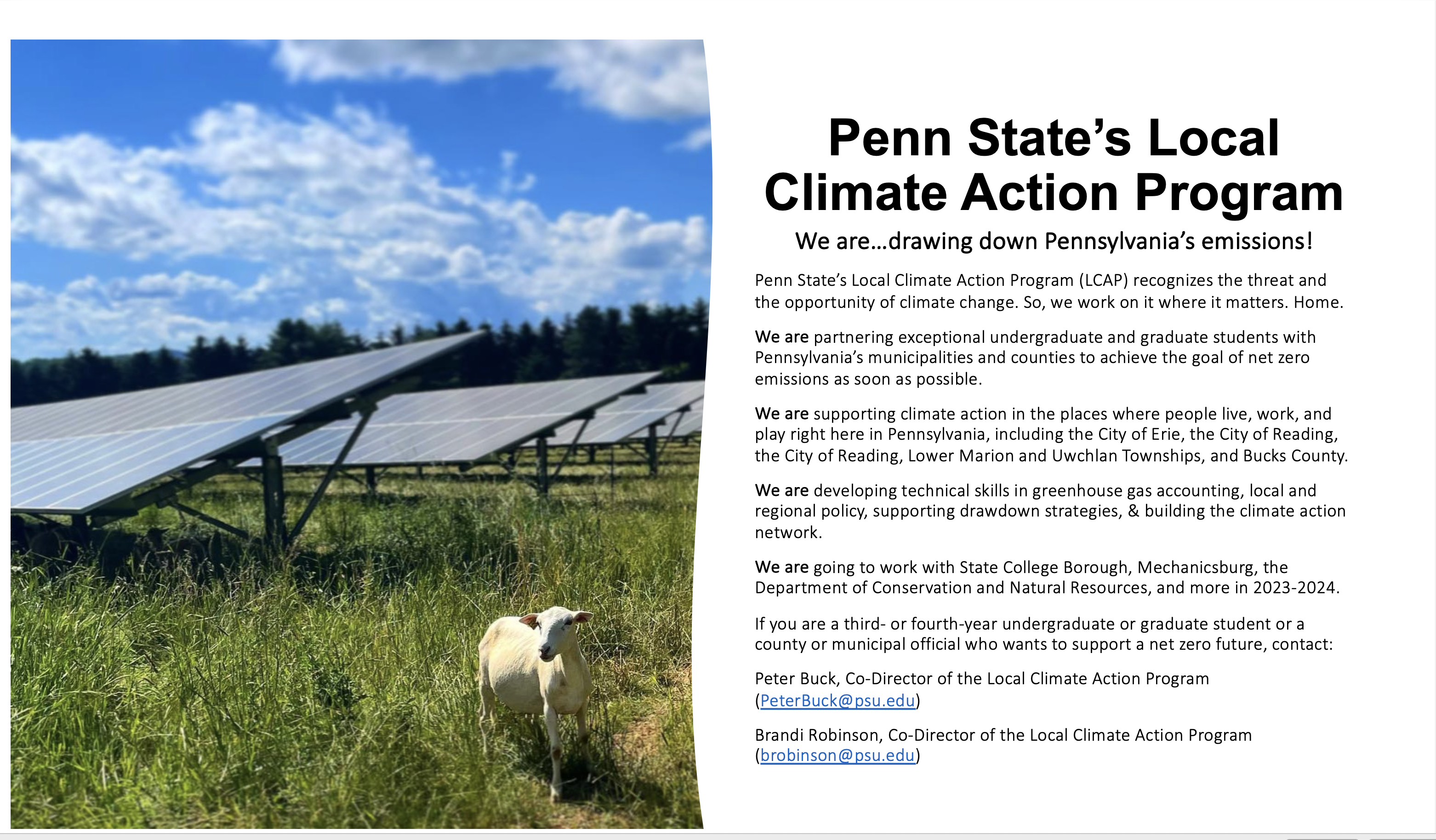 Flier for the LCAP program featuring a field of solar panels