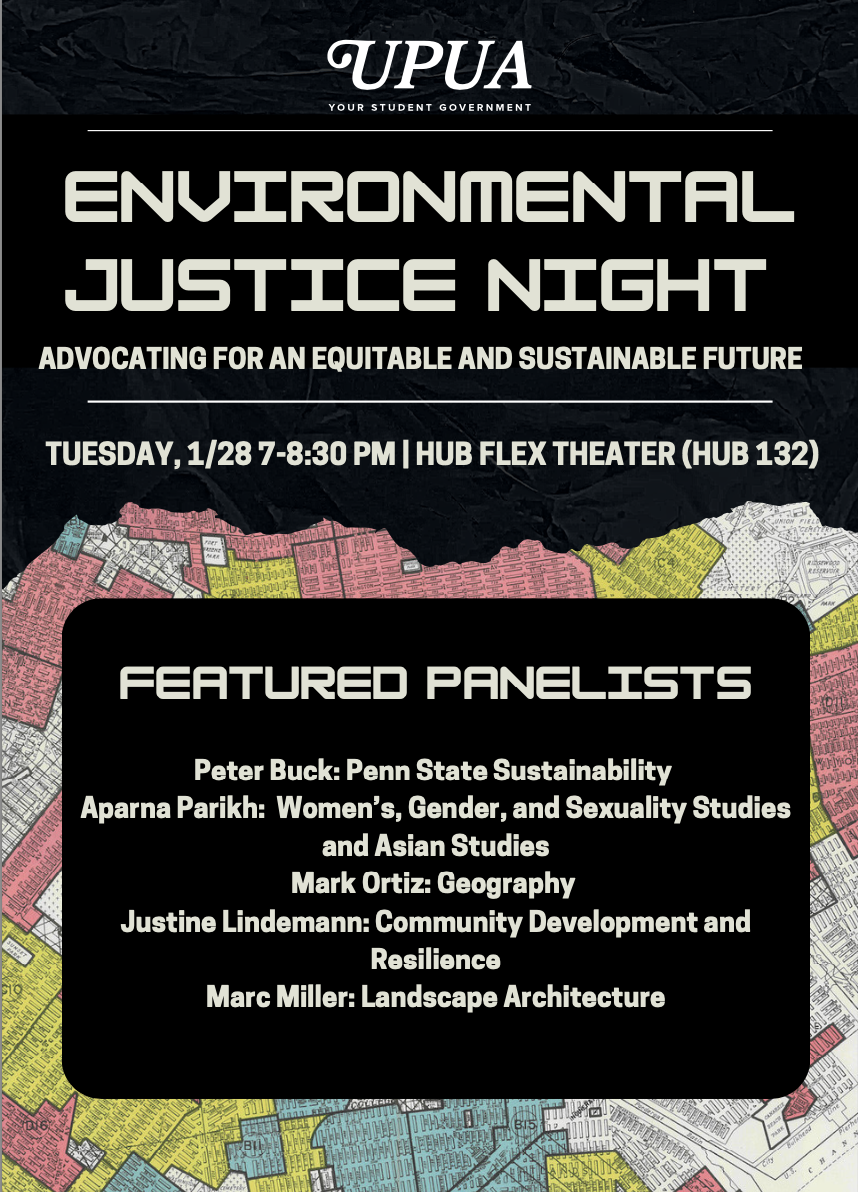 Flyer for UPUA Environmental Justice Night featuring old-time street map color coded by bank redline area