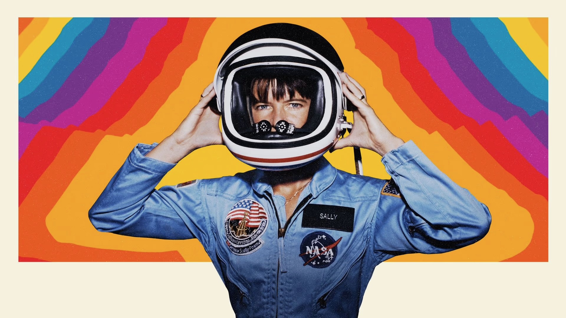 Photo of astronaut Sally Ride wearing her blue NASA jumpsuit and holding her hands on either side of a spacesuit helmet on her head. Her body has been outlined in the illustration with waves of psychedelic colors -- yellow, pink, orange, and blue.