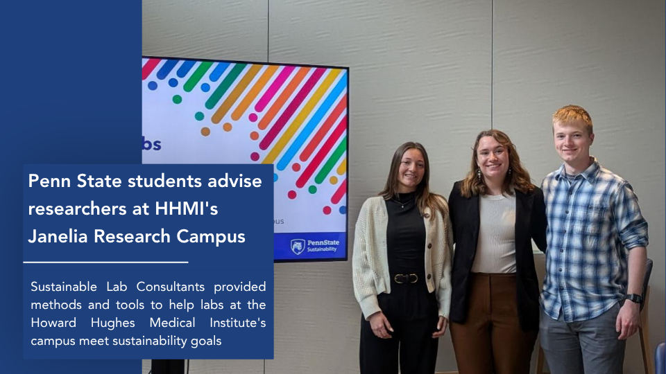 News Headline text reads, Penn State’s Sustainable Lab Ambassador Program earns national recognition. Supporting image shows seven Sustainable Lab Consultants and their program coordinator smiling for a photo.